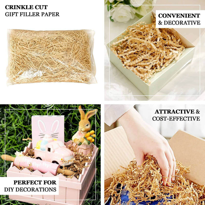 Natural brown crinkle cut paper shreds for gift baskets and decorations.