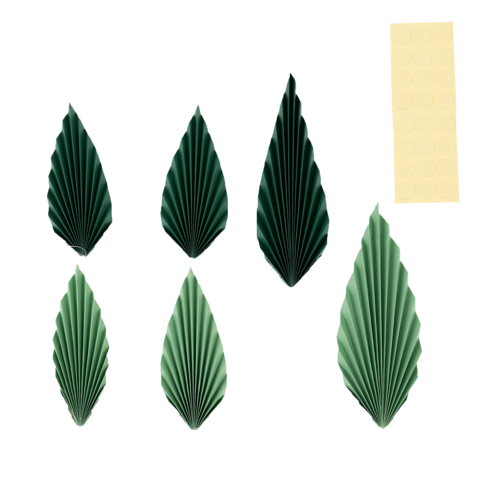 Set of 6 mixed green leaves paper fans for tropical decor.