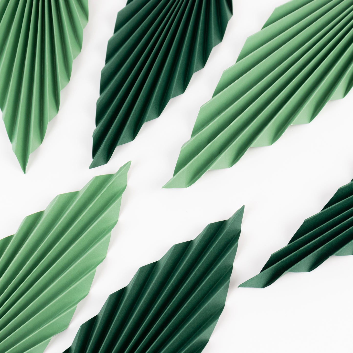 Set of mixed green tropical palm leaves paper fans backdrop decor.