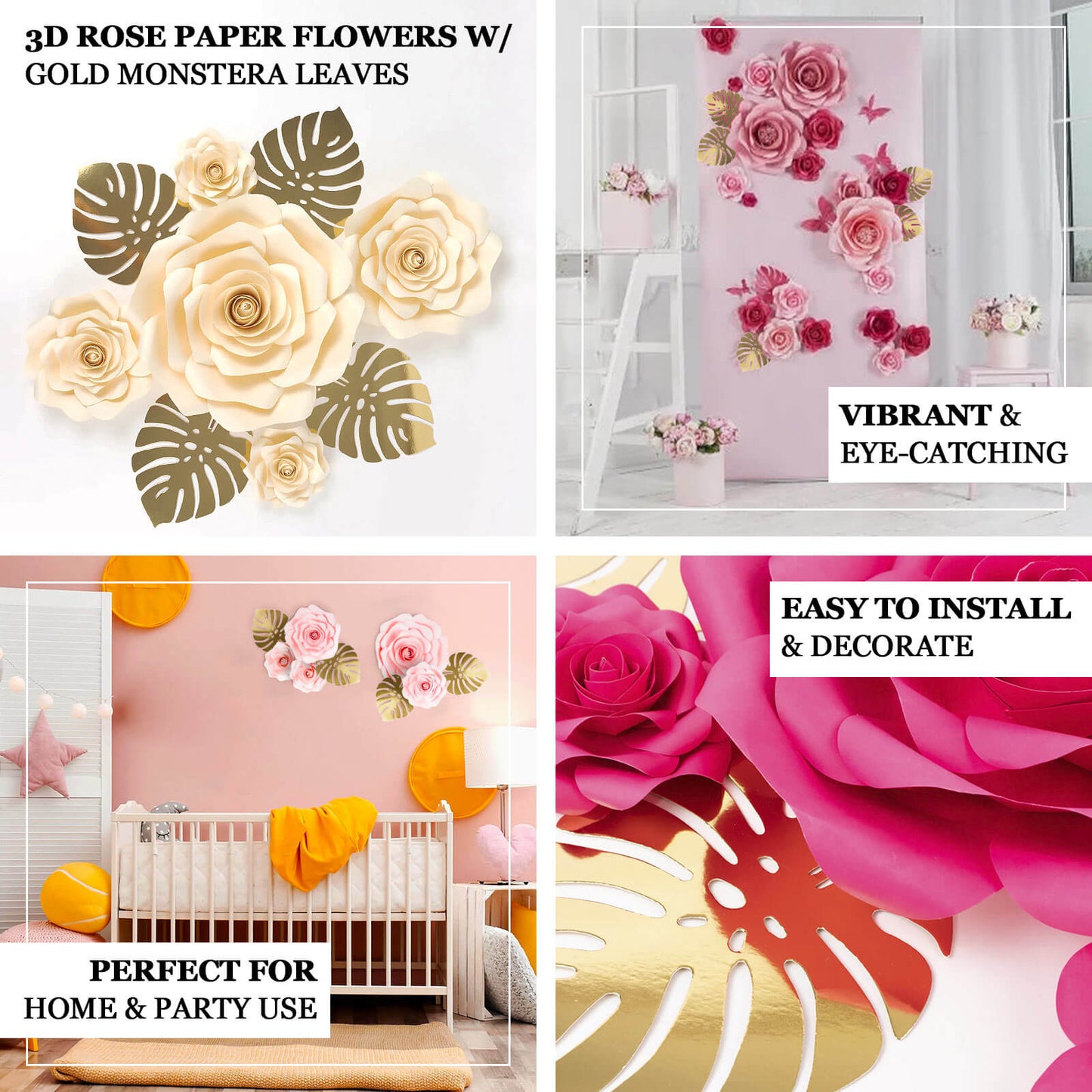 Set of 9 pink 3D rose paper flowers with gold tropical palm leaves.