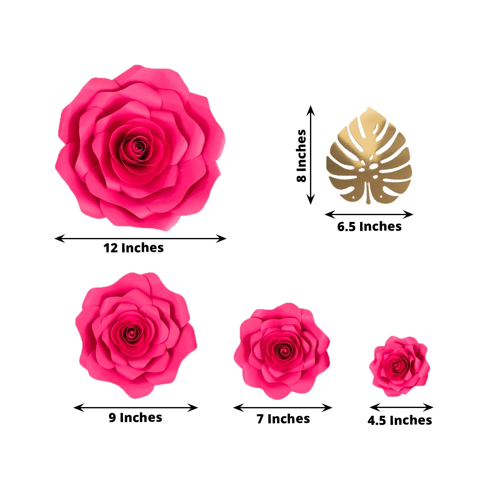 Fuchsia 3D rose paper flowers with gold tropical palm leaves for decor.