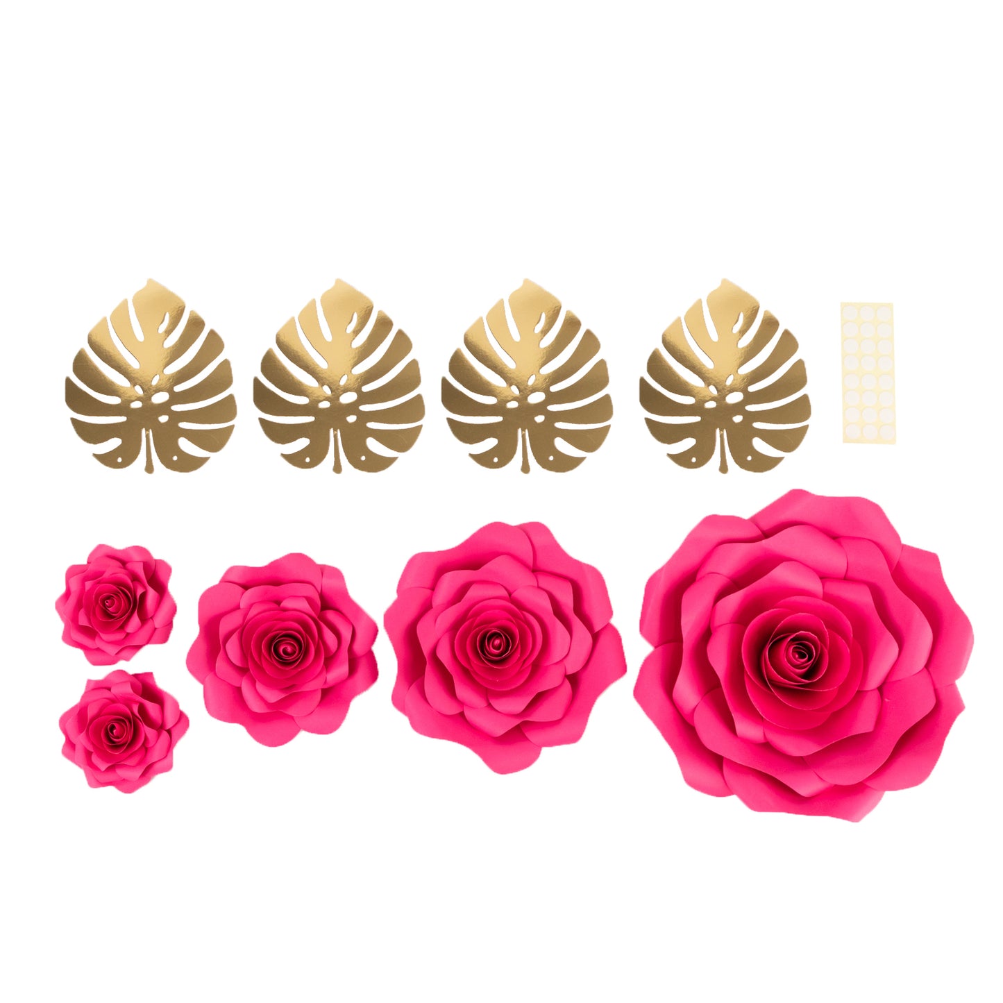 Fuchsia 3D rose paper flowers with gold tropical palm leaves for party decor. #whtbkgd