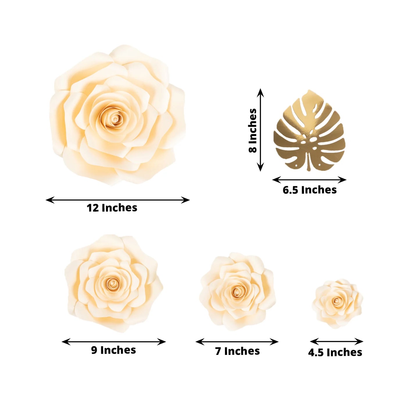 Ivory 3D rose paper flowers with gold tropical palm leaves for decor.