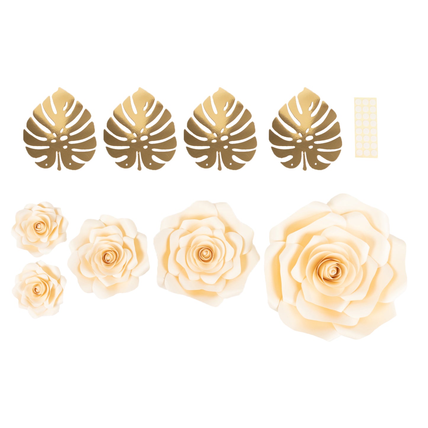 Ivory 3D rose paper flowers with gold tropical palm leaves for decor.