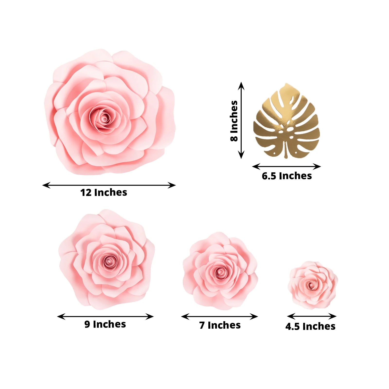 Set of 9 pink 3D rose paper flowers with gold tropical palm leaves.