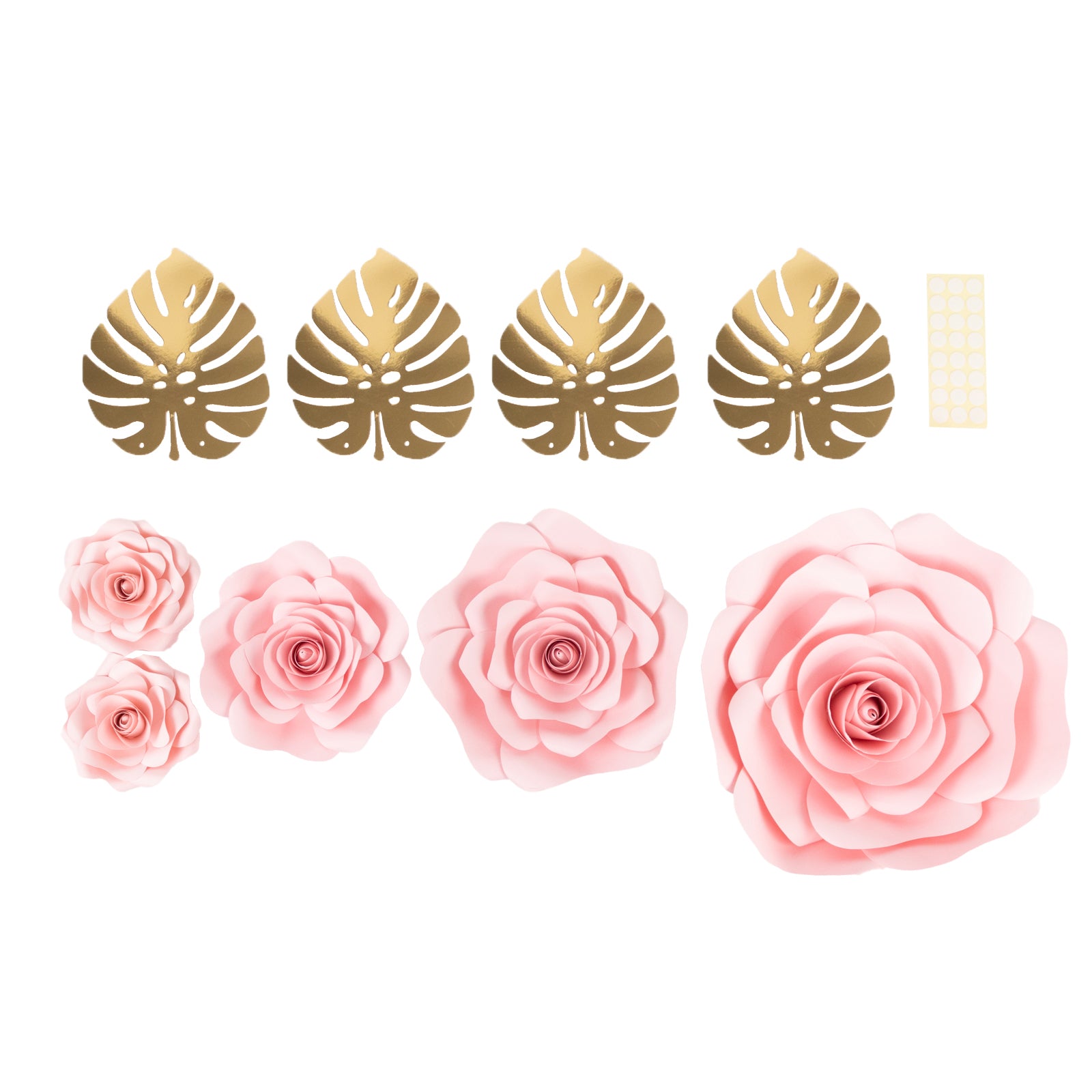 Set of 9 pink 3D rose paper flowers with gold palm leaves for decor. #whtbkgd