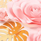 Set of pink 3D rose paper flowers with gold tropical palm leaves.