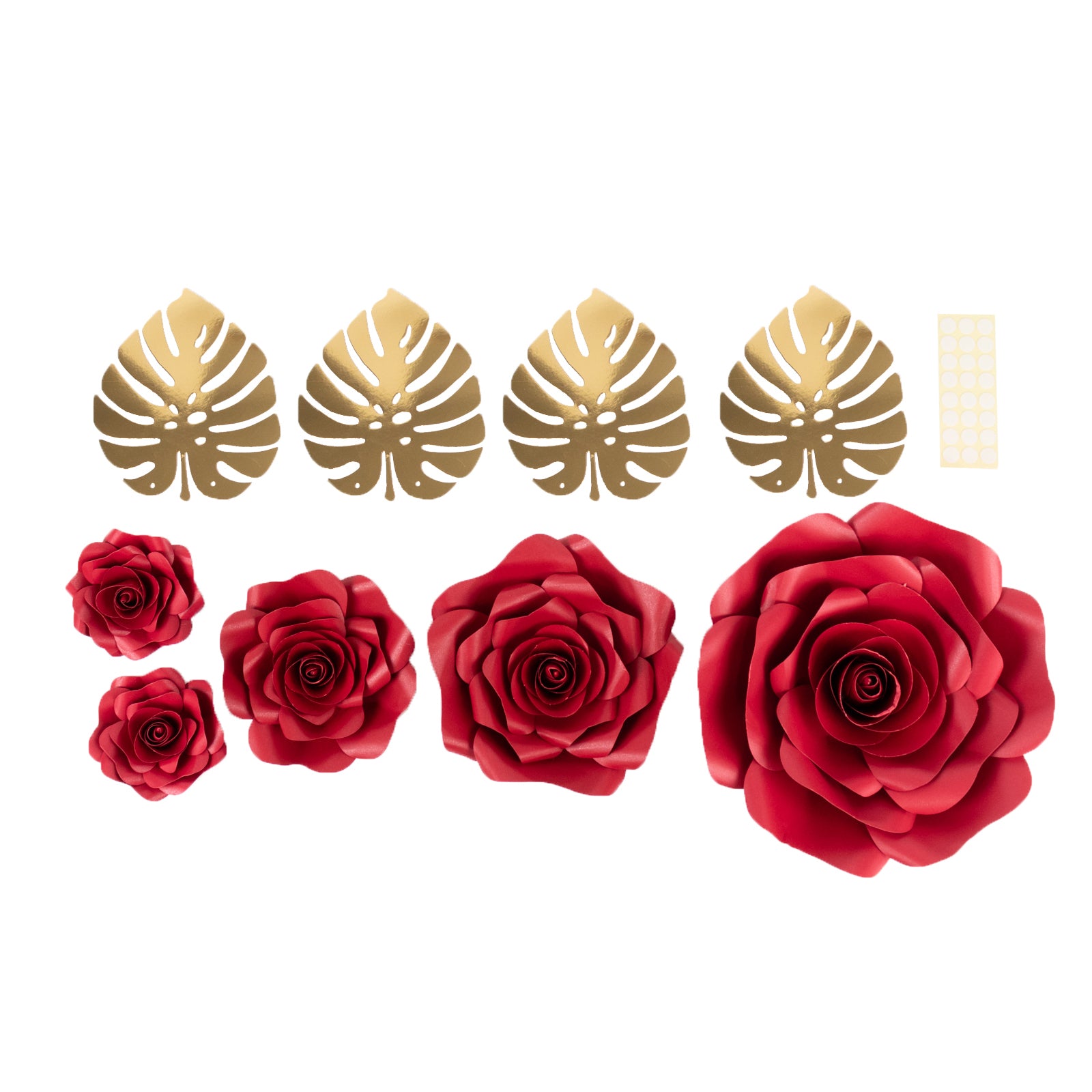 Set of 9 red 3D rose paper flowers with gold palm leaves for decor. #whtbkgd