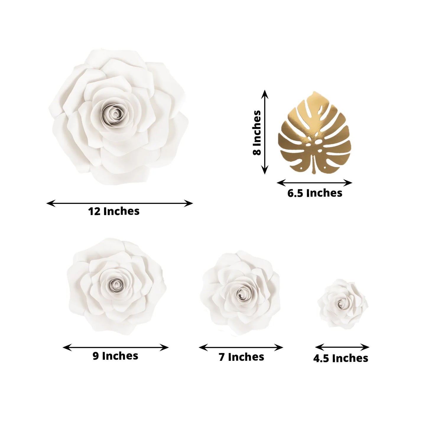 White 3D rose paper flowers with gold tropical palm leaves for party decor.