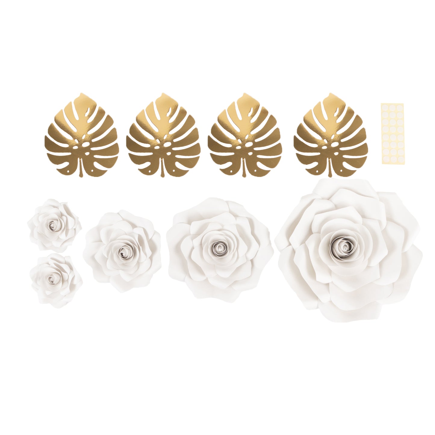 Set of 9 white 3D rose paper flowers with gold palm leaves for decor. #whtbkgd