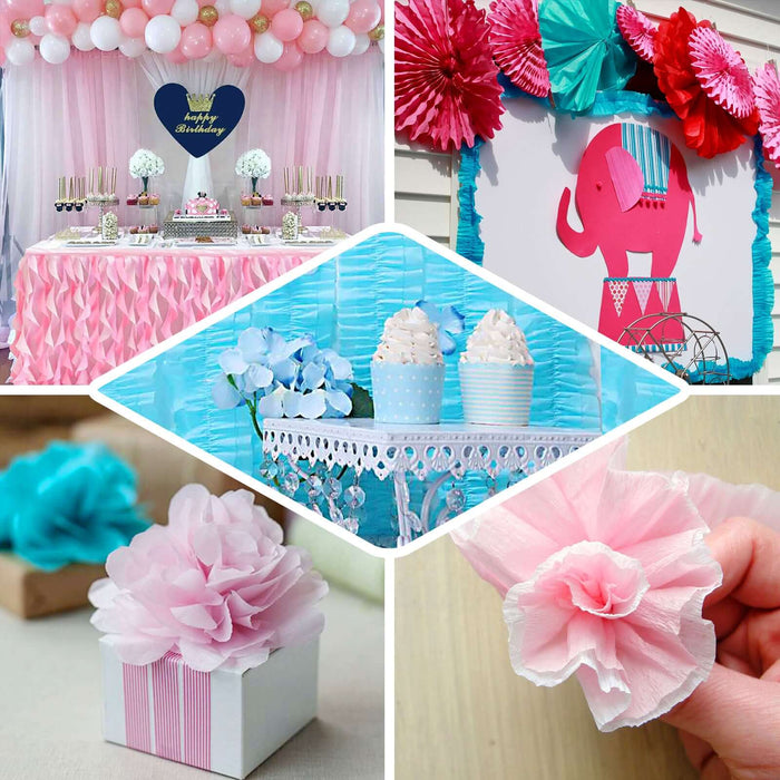White ruffled paper streamers for party decorations, 28ft rolls.