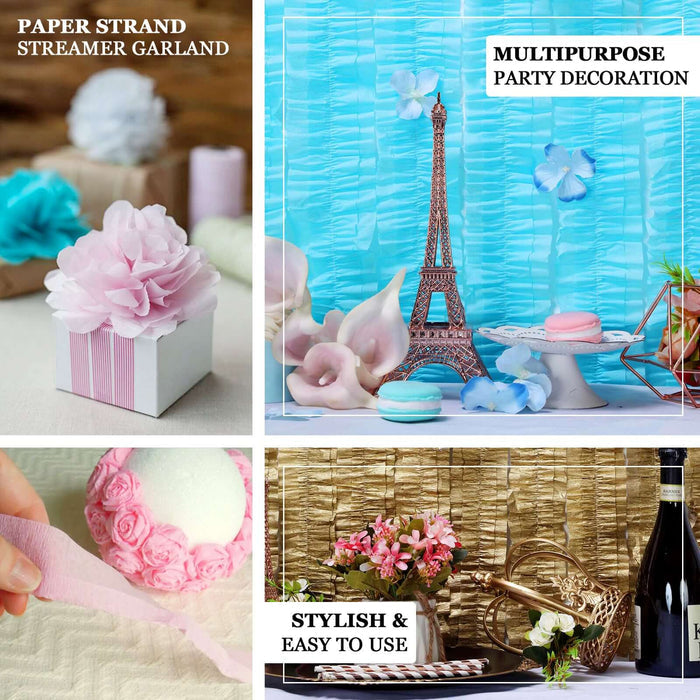 White ruffled paper streamers for party decorations, 28ft rolls.