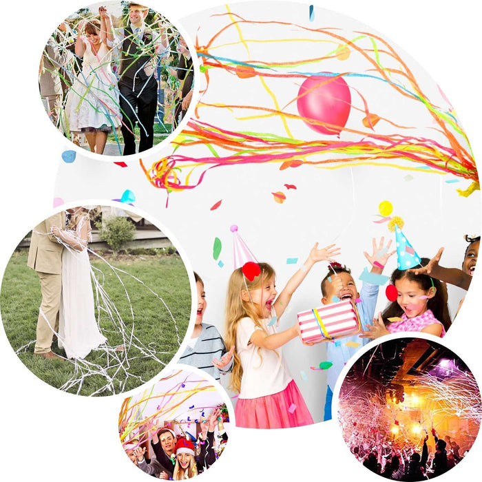 Assorted color handheld paper streamers and confetti poppers for celebrations.