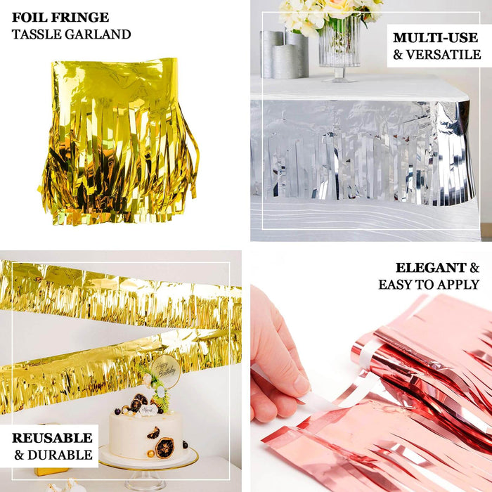 Metallic silver foil tassel fringe backdrop banner for party decor.