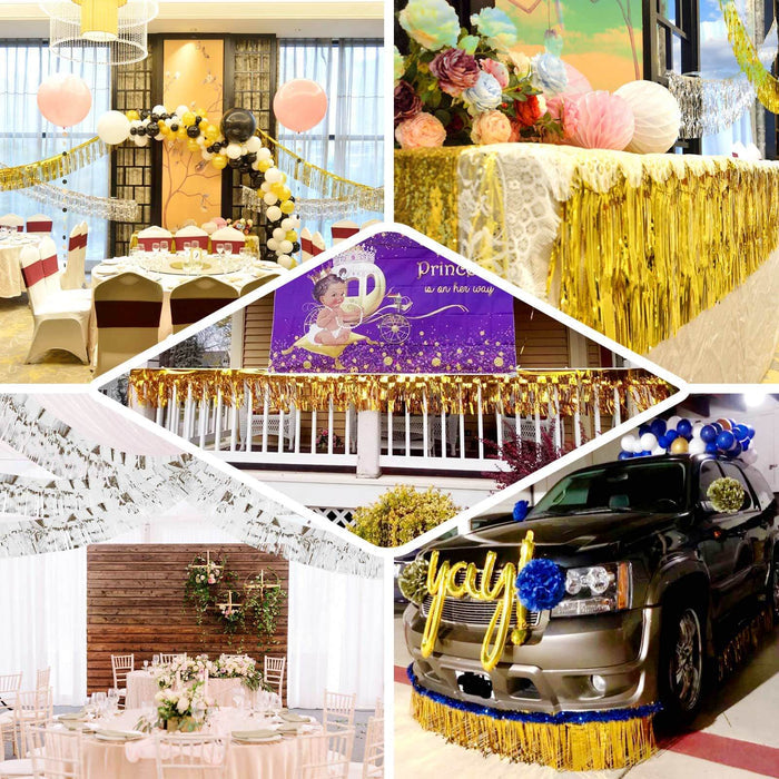 Metallic silver foil tassel fringe backdrop banner for festive decor.
