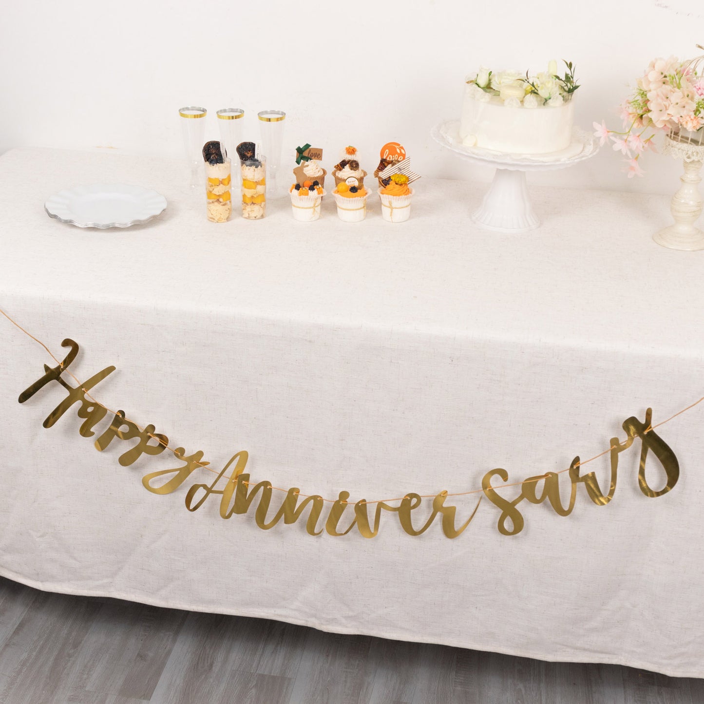10ft Pre-Strung Metallic Gold Foil "Happy Anniversary" Banner, Party Photo Backdrop Hanging Garland - 250 GSM