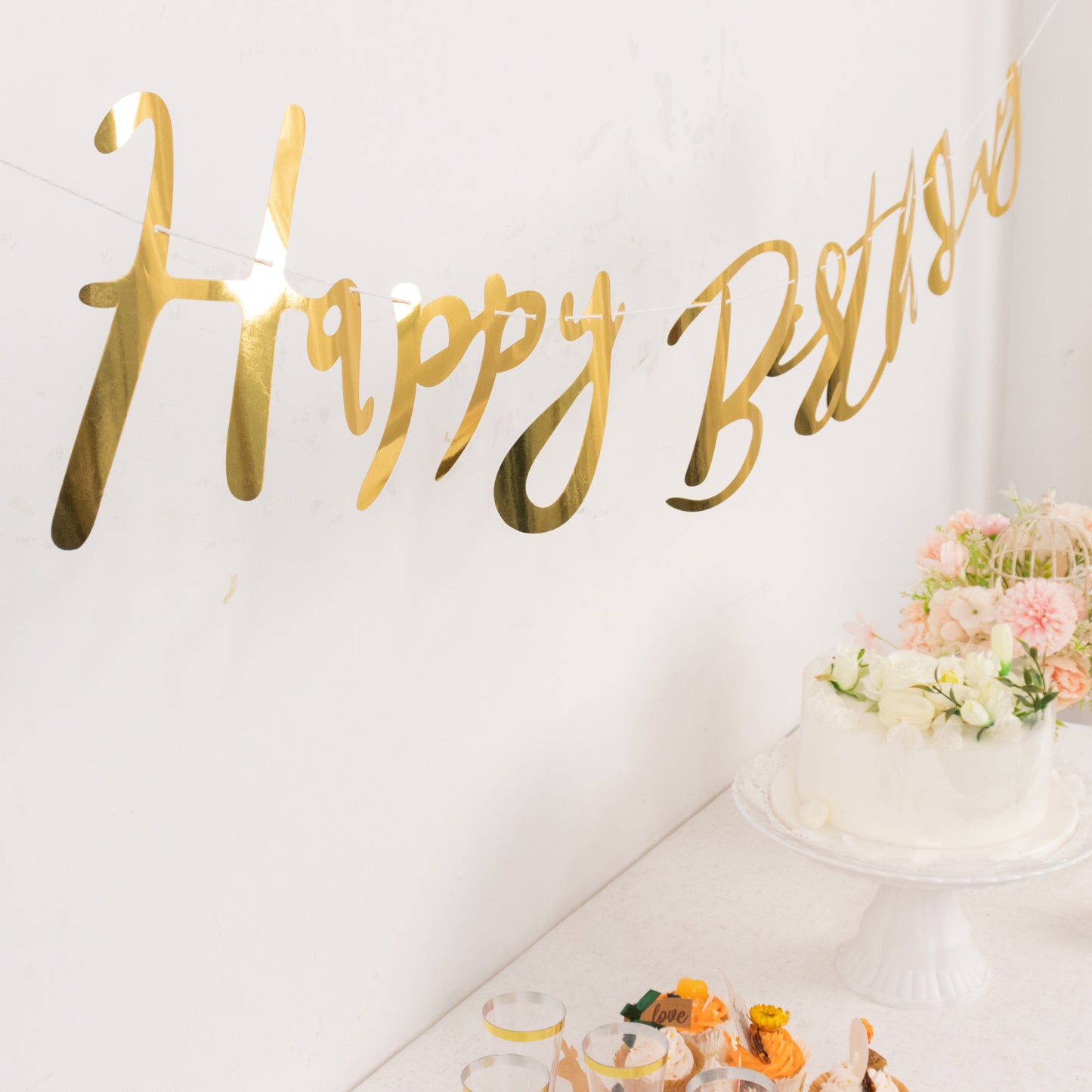 10ft Pre-Strung Metallic Gold Foil "Happy Birthday" Banner, Party Photo Backdrop Hanging Garland - 250 GSM