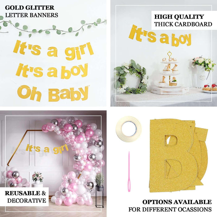 Gold glittered “Oh Baby” banner for baby shower decoration.
