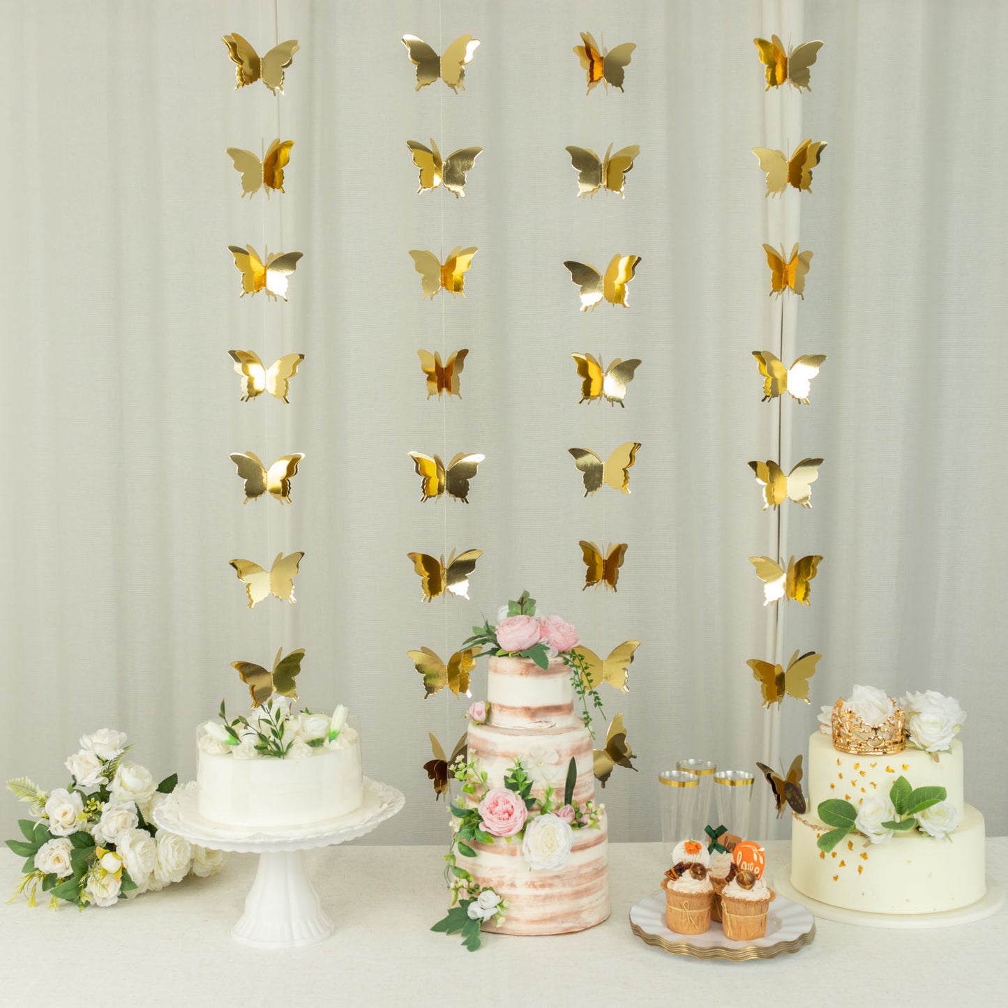 Gold 3D paper butterfly hanging garland streamers for party decor.
