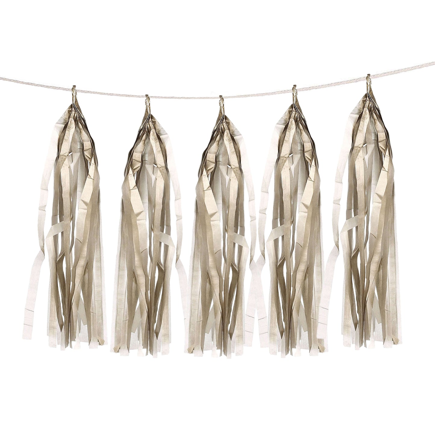 Antique gold paper fringe tassels hanging on a string garland.