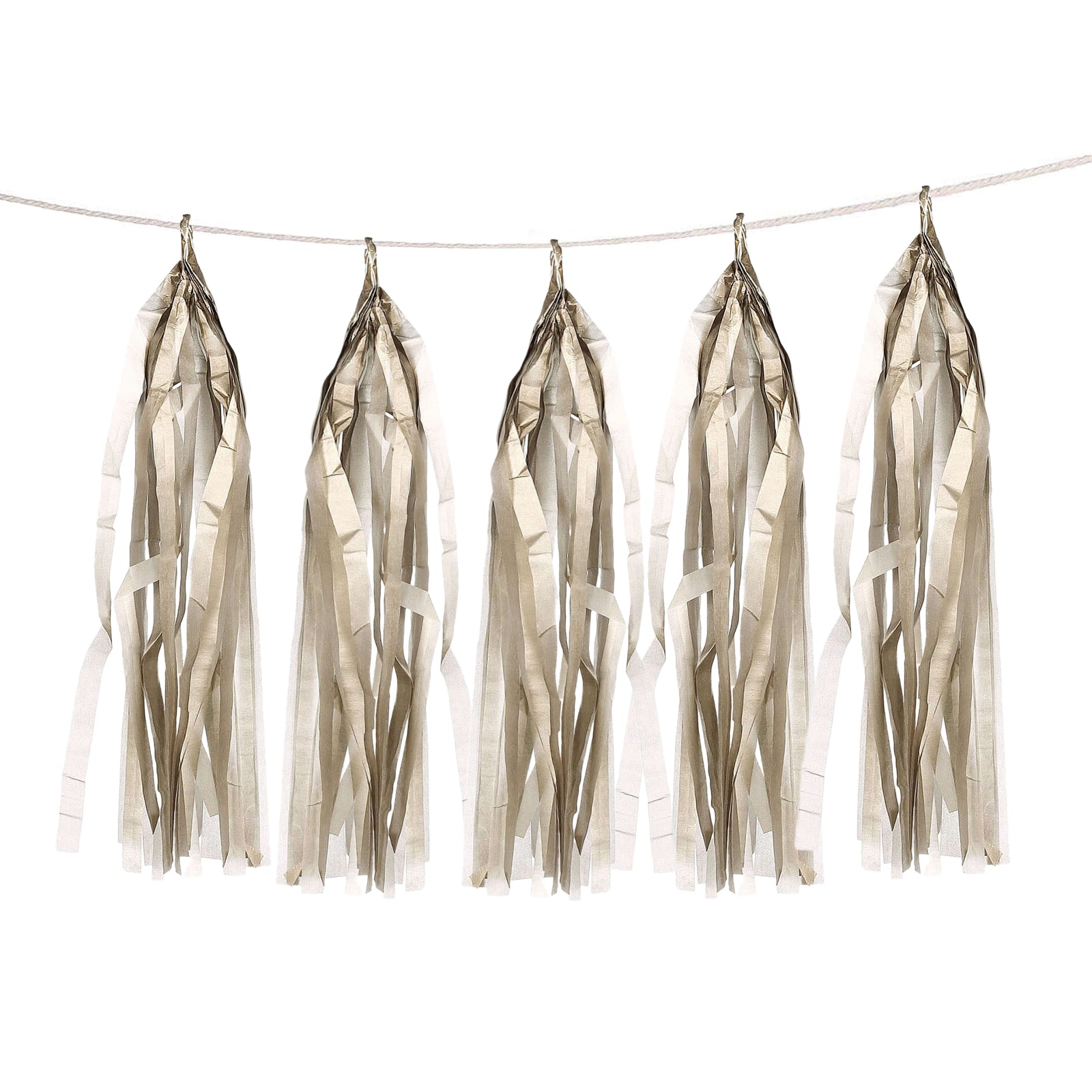 Antique gold paper fringe tassels hanging on a string garland.