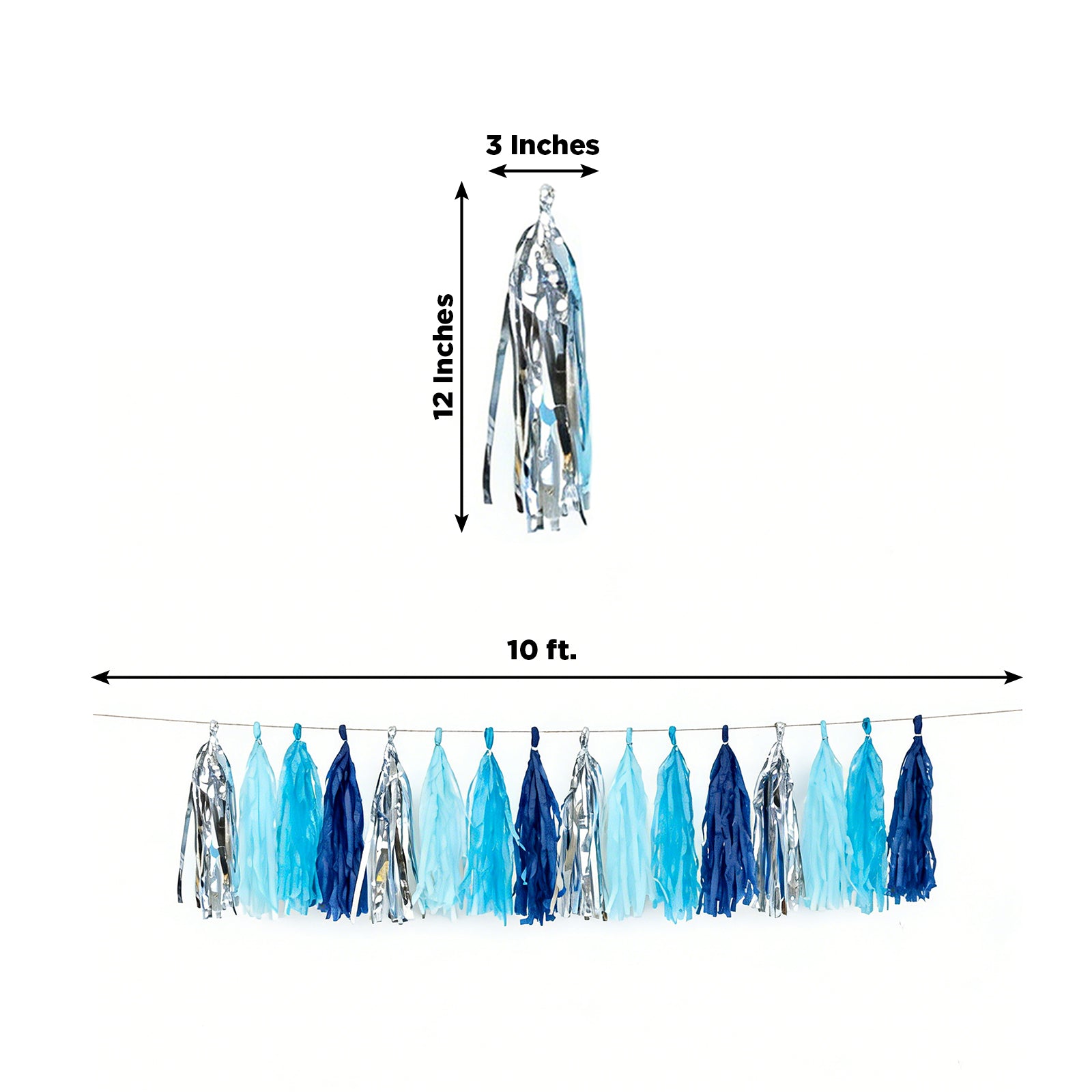 Blue and silver pre-tied foil tassel garland banner decoration.