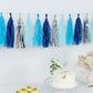 Blue and silver pre-tied foil tassel garland banner decoration.