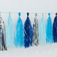 Blue and silver pre-tied foil tassel garland banner decoration.