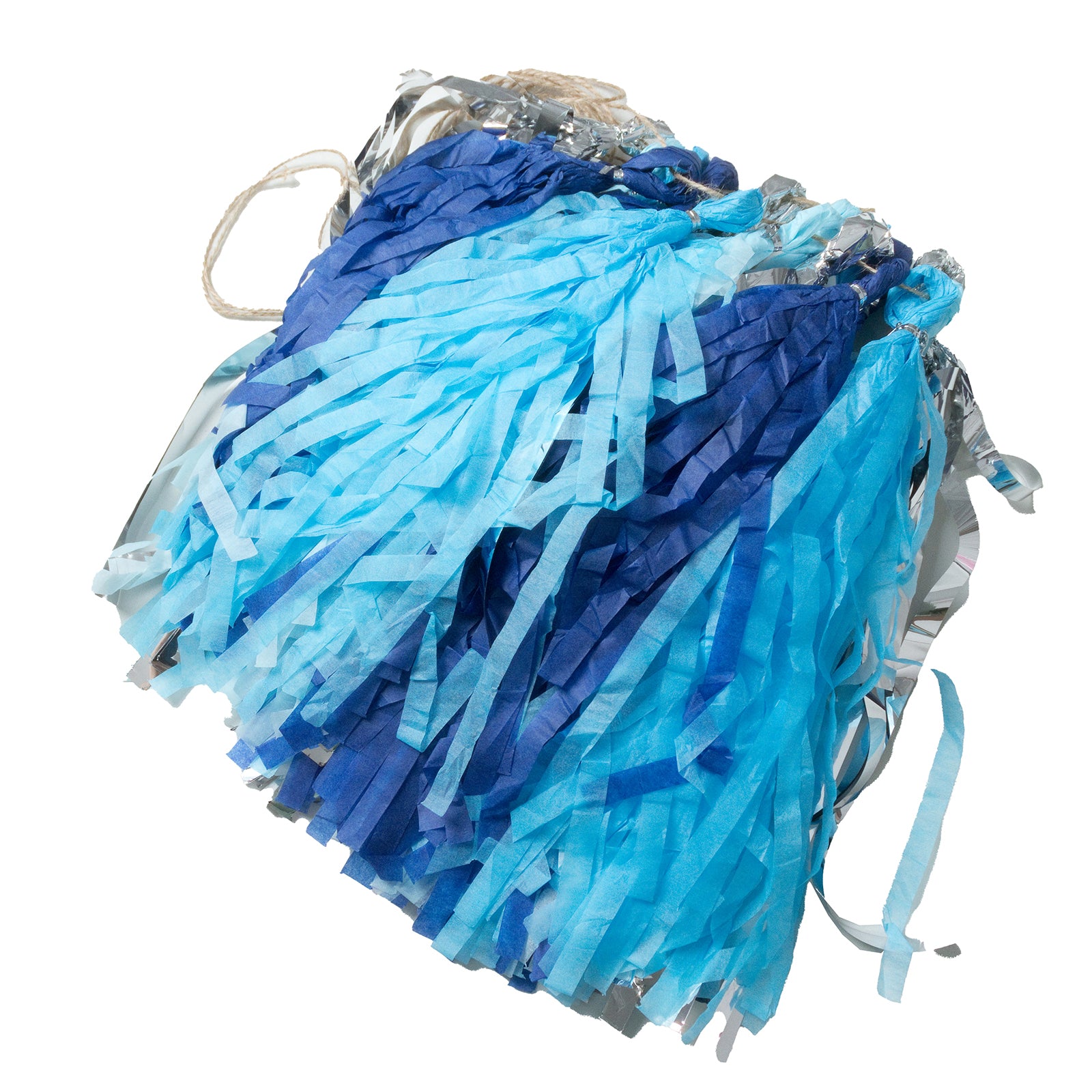 Blue and silver pre-tied foil tassel garland decoration with hanging string.