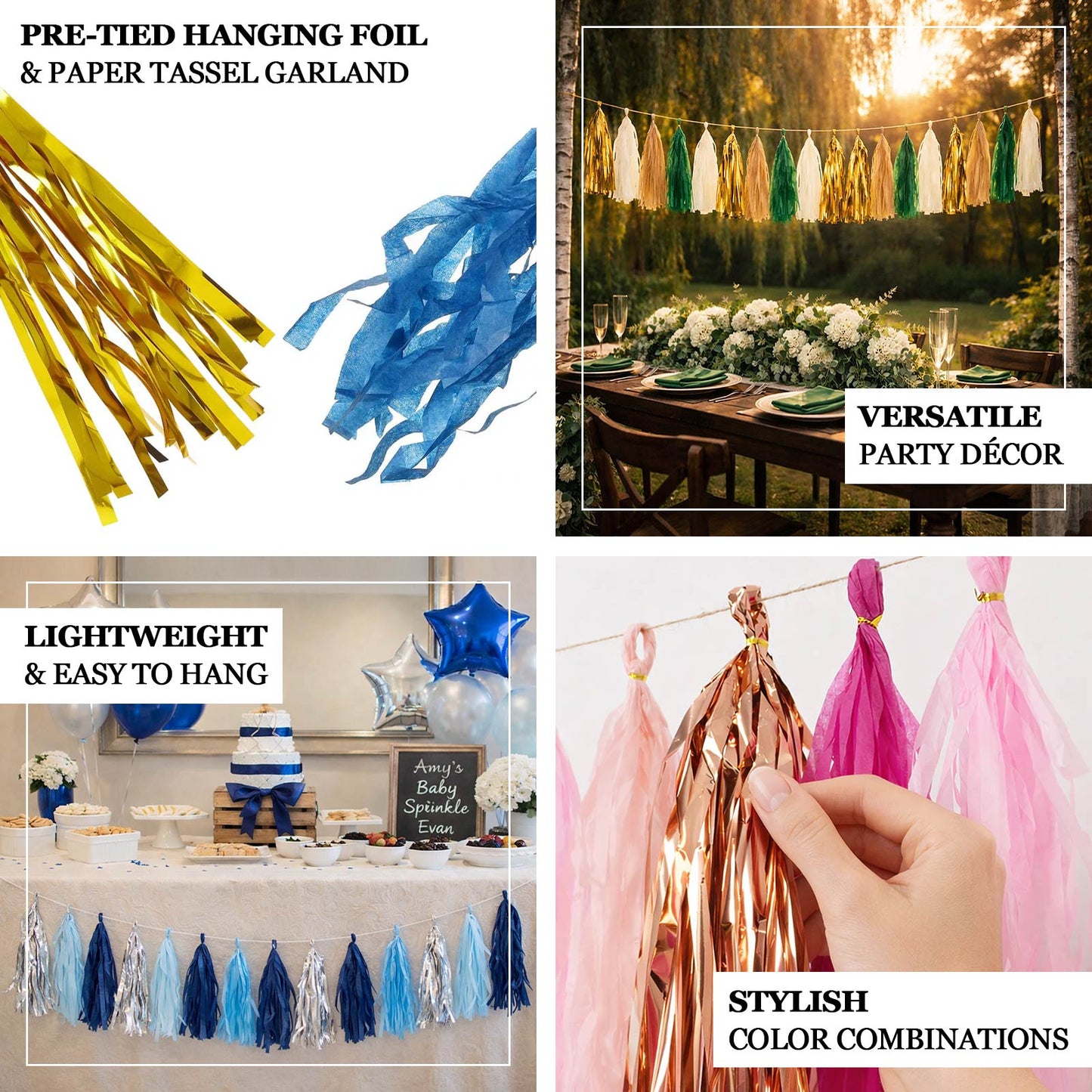 Purple and silver foil tassel garland banner decoration for parties.