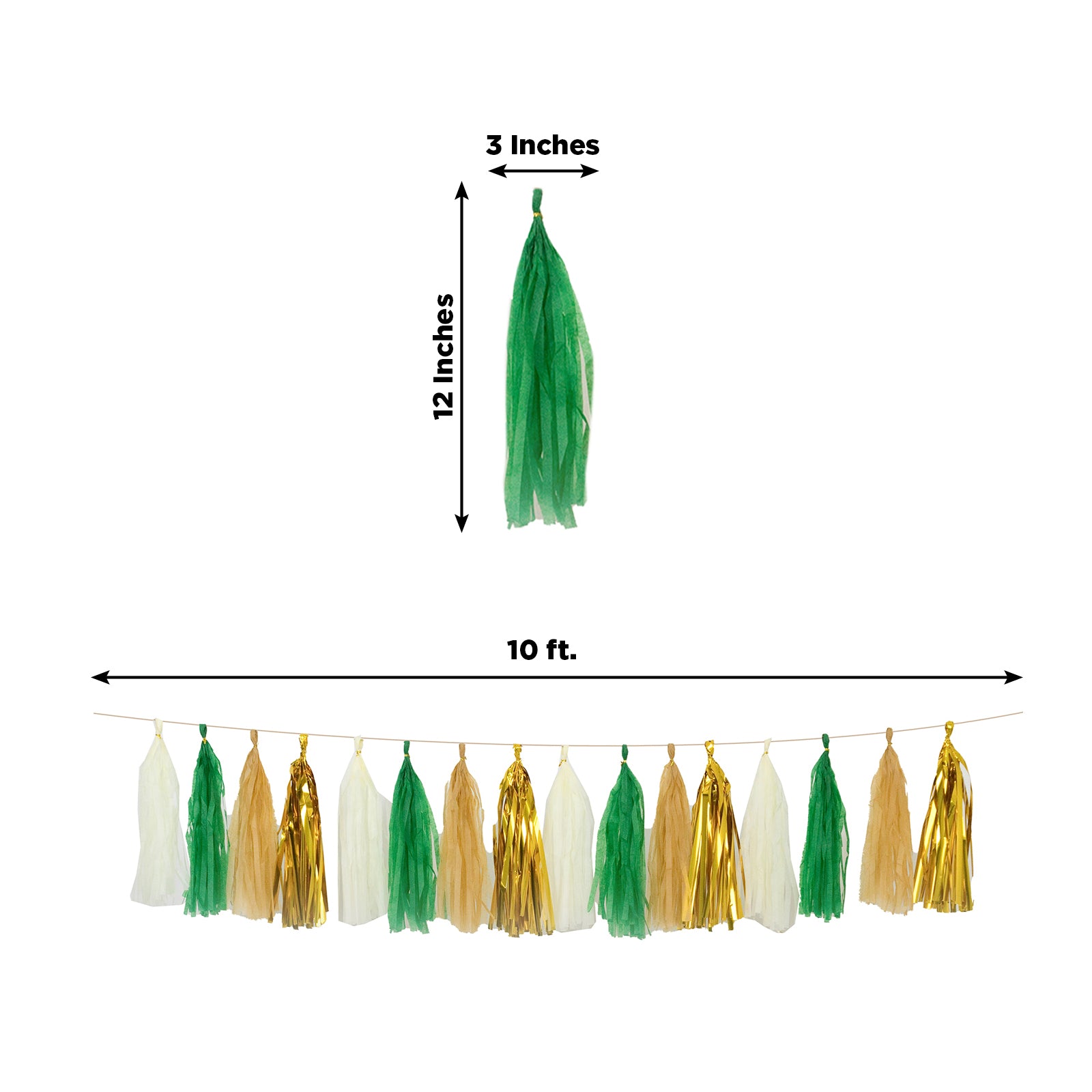 Gold and green pre-tied tassel garland banner decoration on a 10ft string.