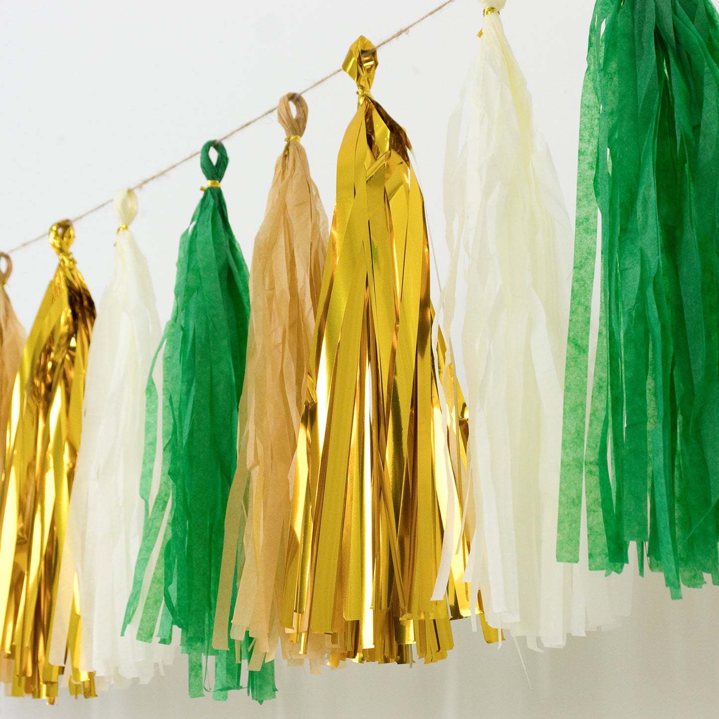 Gold and green foil tassel garland banner decoration.