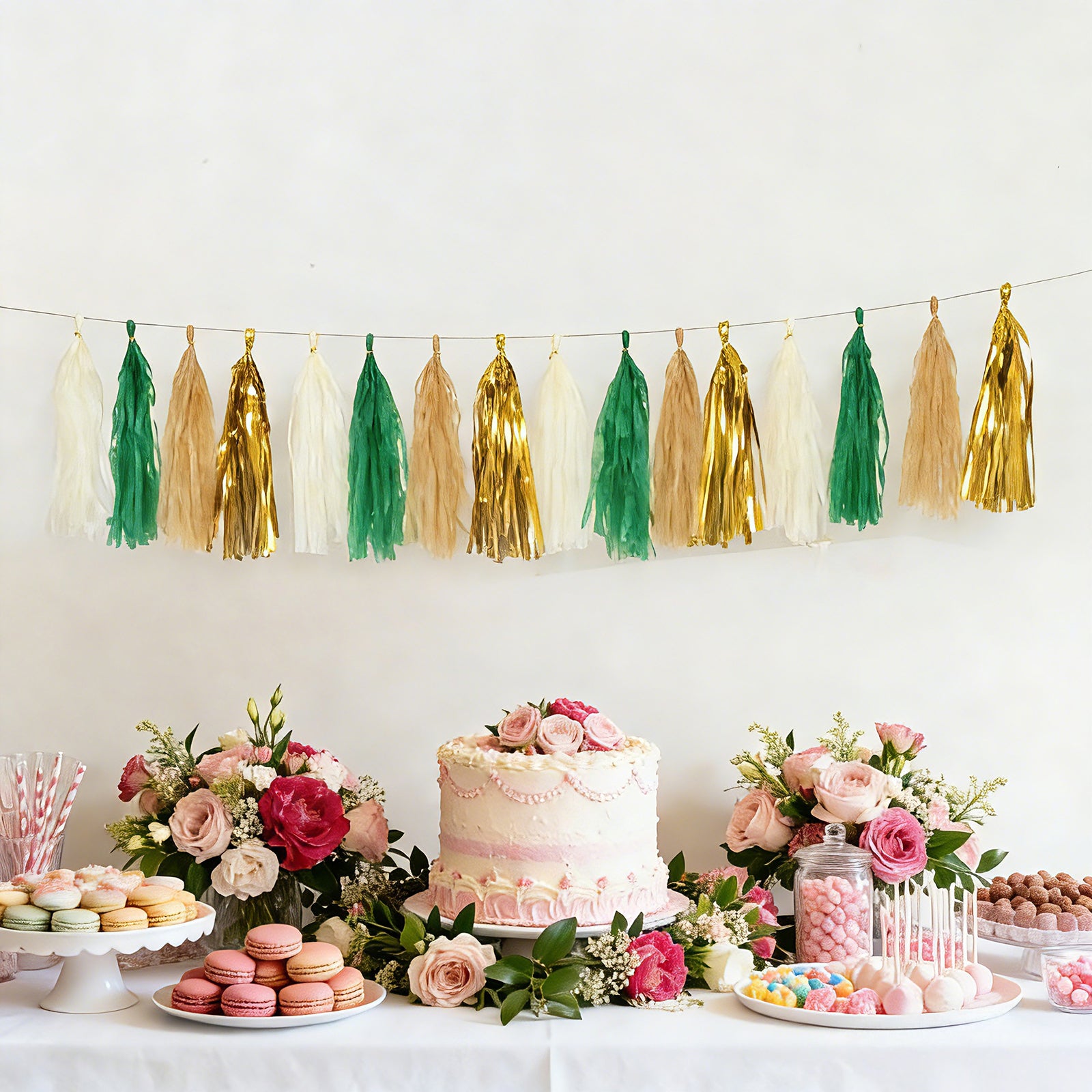 Gold and green tassel garland banner decoration for parties.