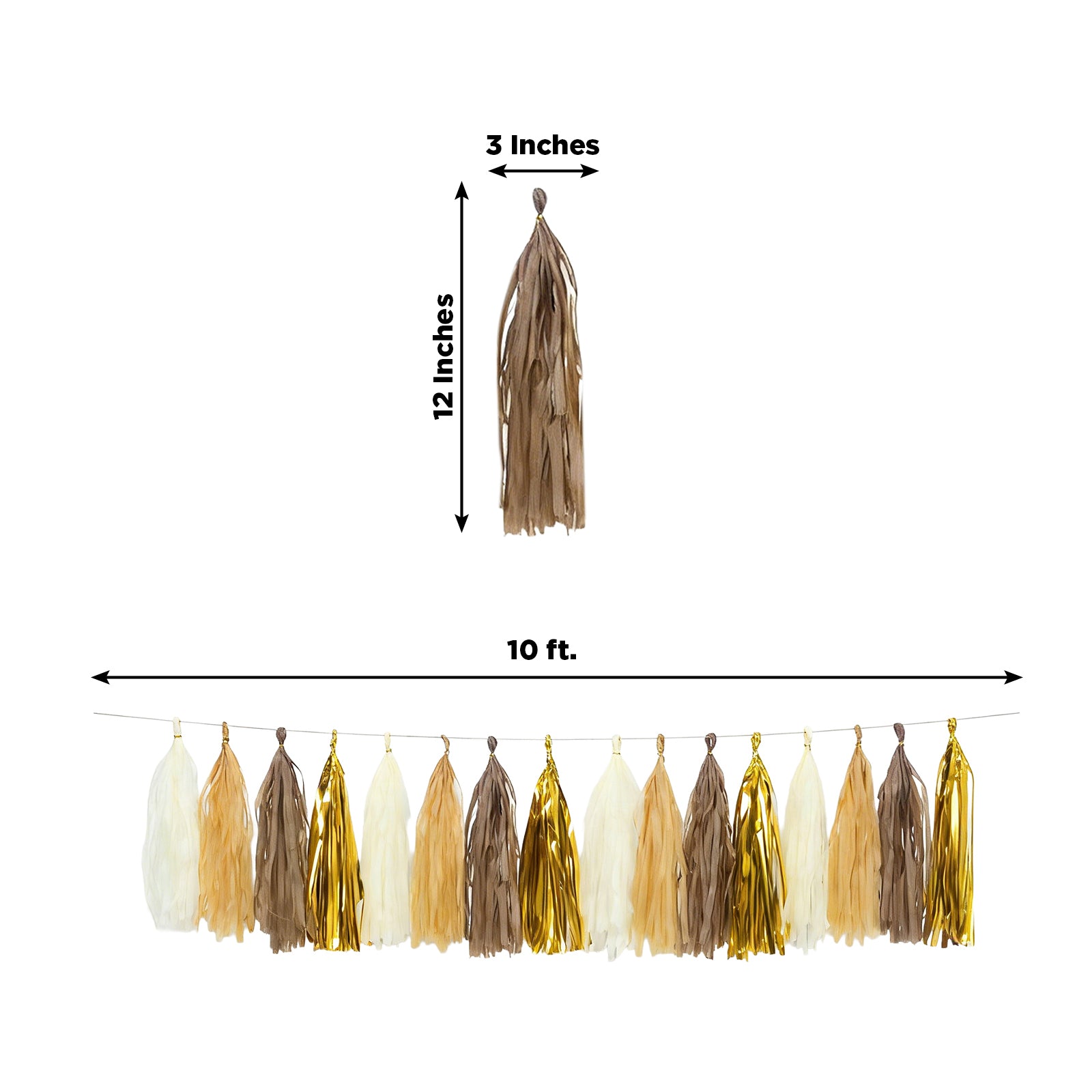 Natural and gold tassel garland banner decoration on a 10ft string.