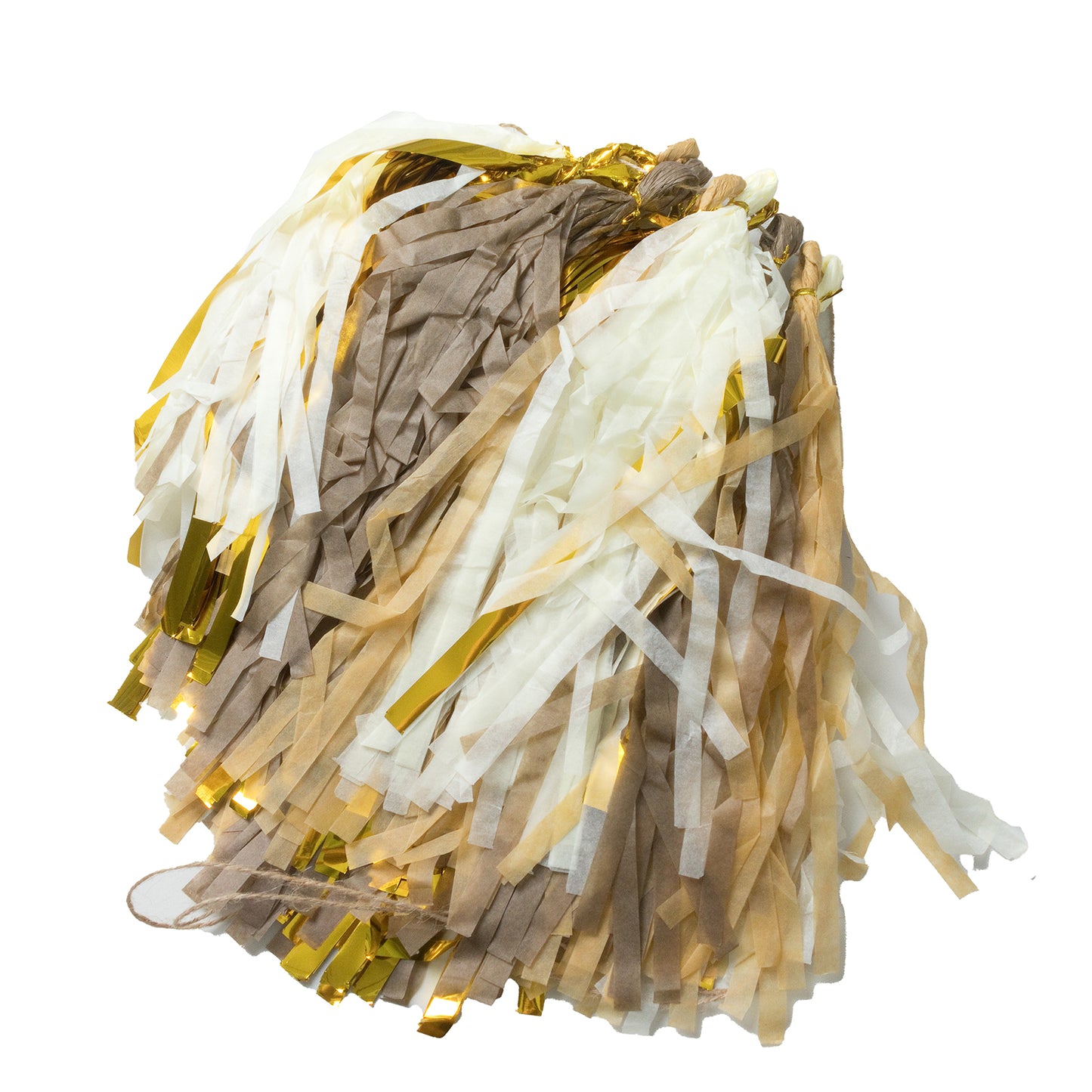 Natural and gold foil tassel garland decoration with hanging string.