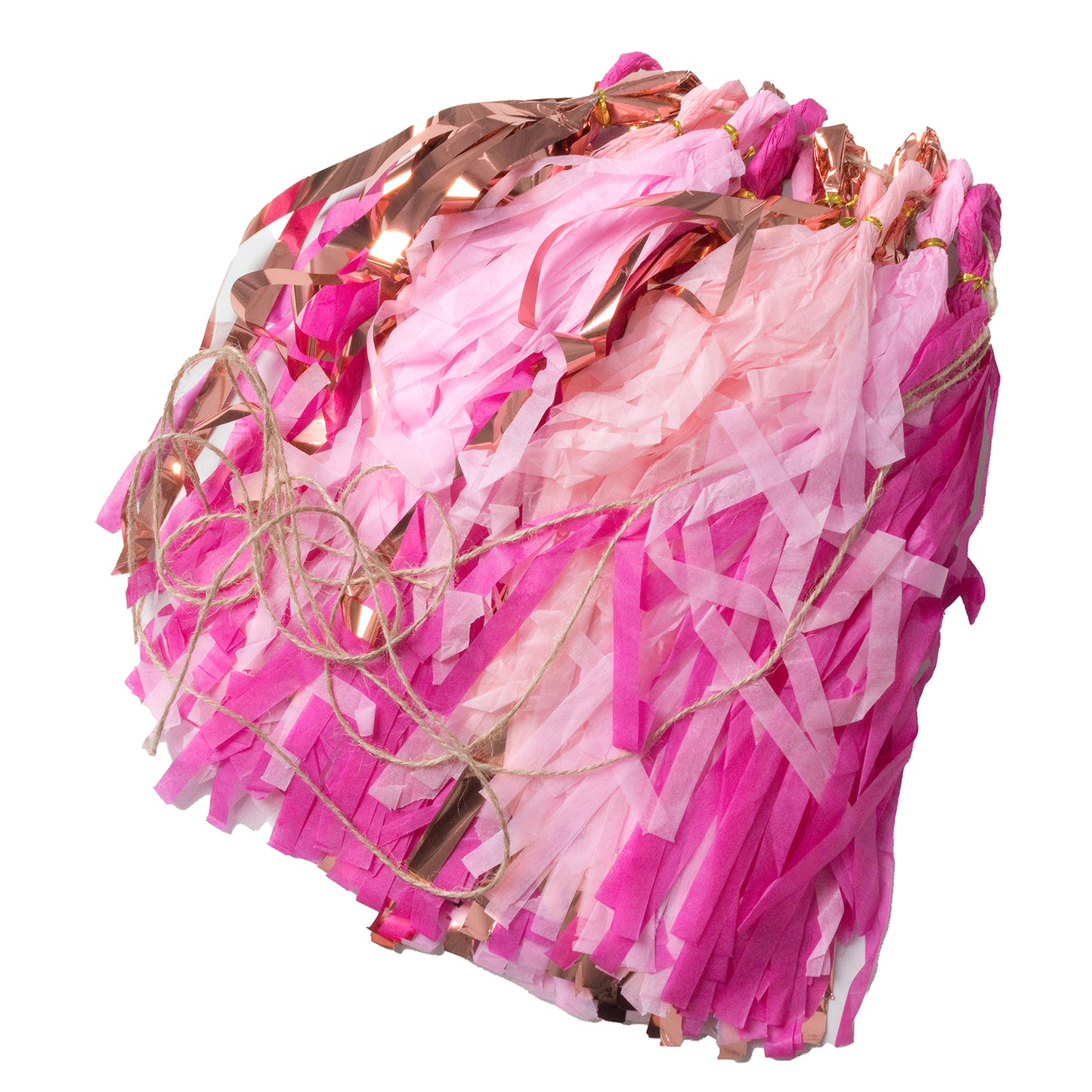 Pink and rose gold foil tassel garland decoration with hanging string.