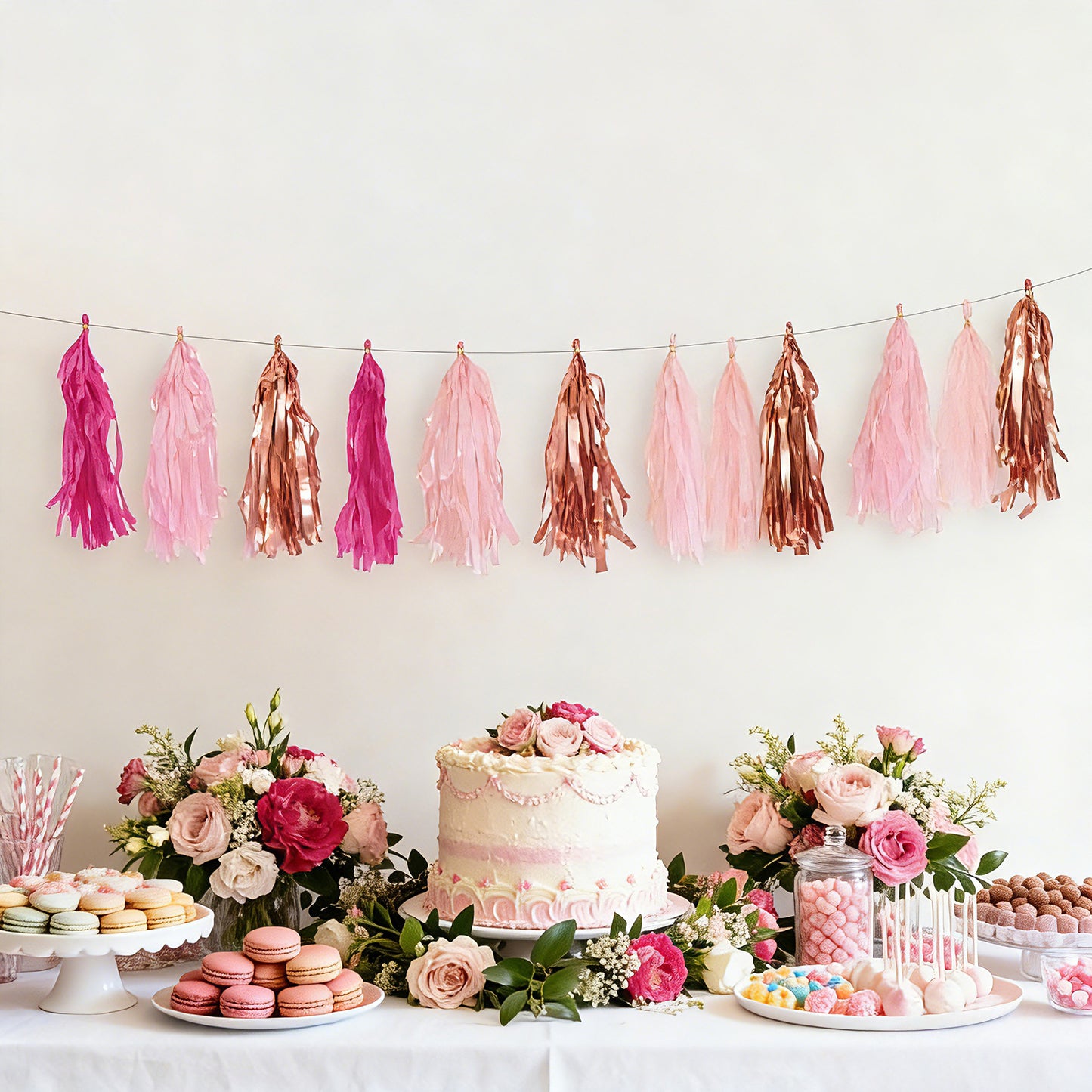 Pink and rose gold foil tassel garland banner decoration.