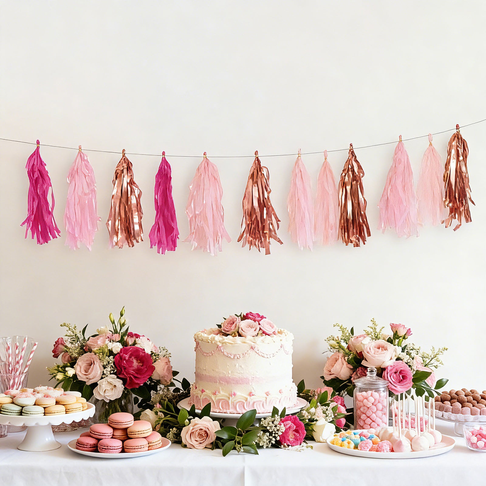 Pink and rose gold foil tassel garland banner decoration.