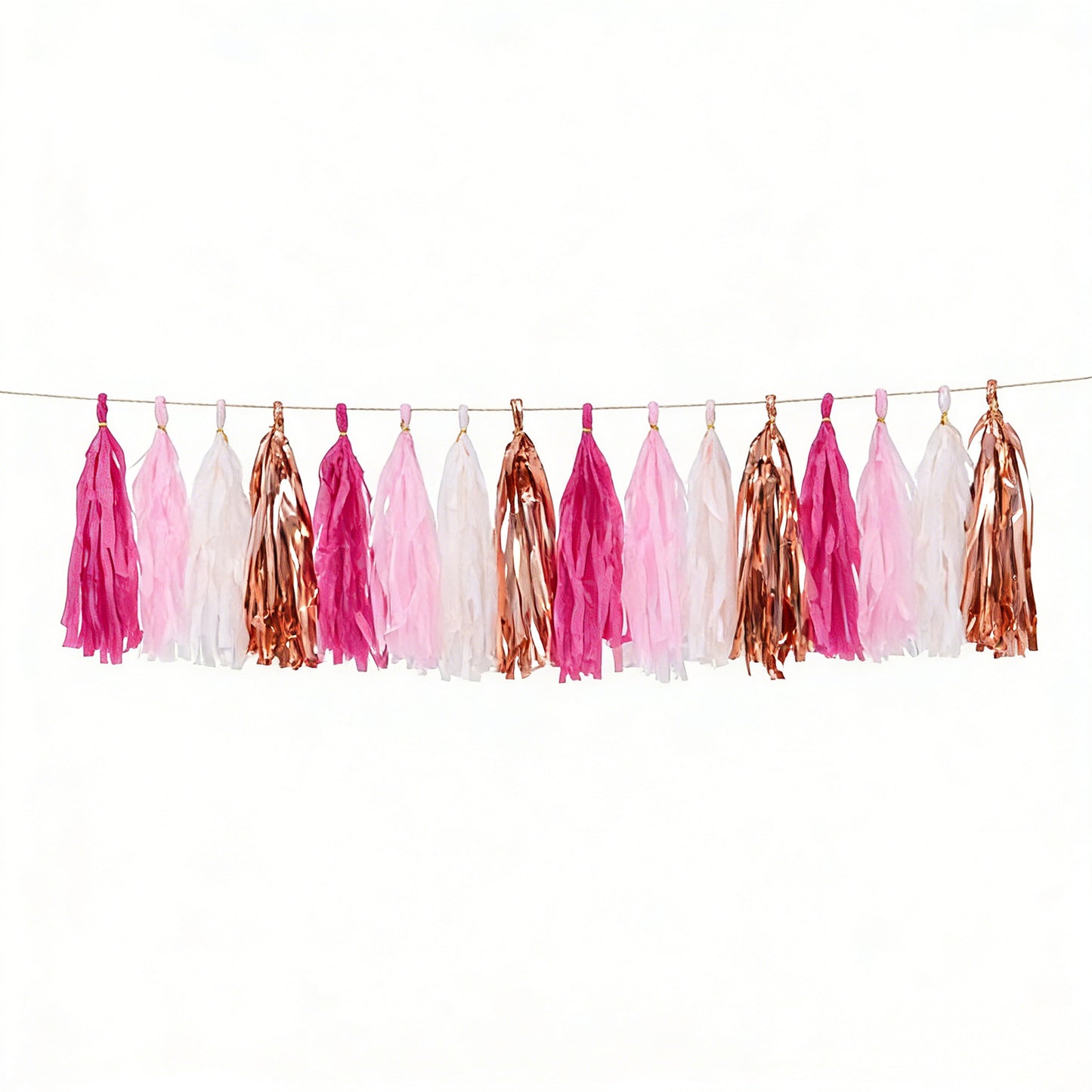 Pink and rose gold foil tassel garland banner decoration.