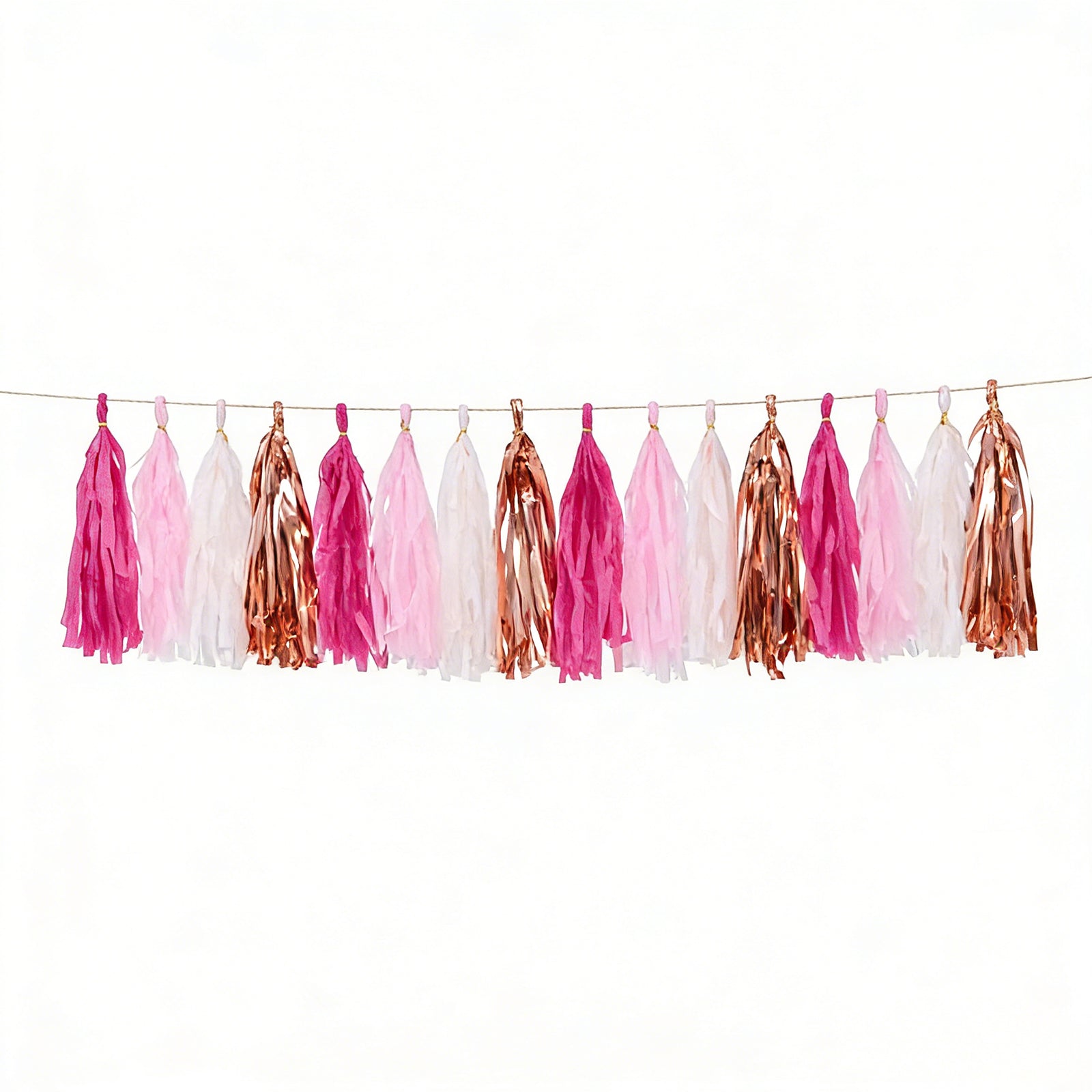 Pink and rose gold foil tassel garland banner decoration.