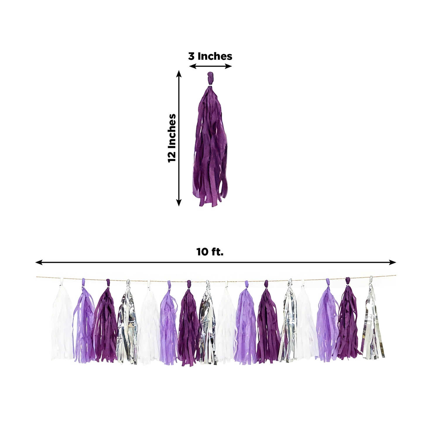 Purple and silver pre-tied foil tassel garland banner decoration.