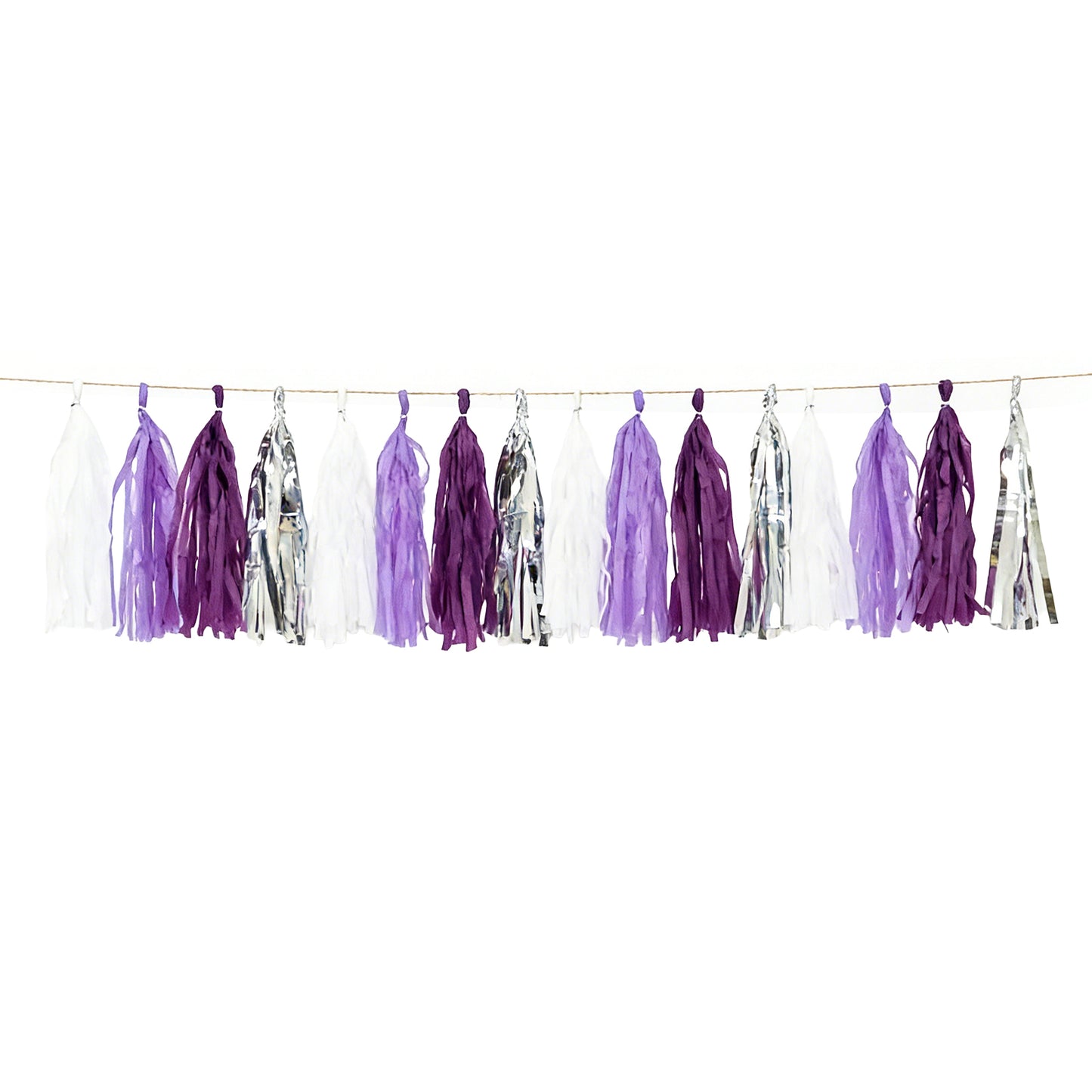Purple and silver pre-tied tassel garland banner decoration.