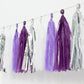 Purple and silver pre-tied foil tassel garland banner decoration.