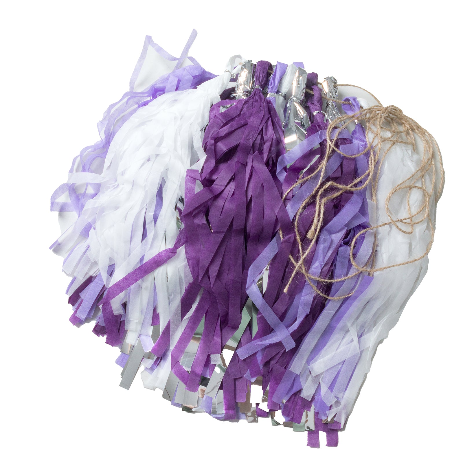 Purple and silver pre-tied foil tassel garland decoration.