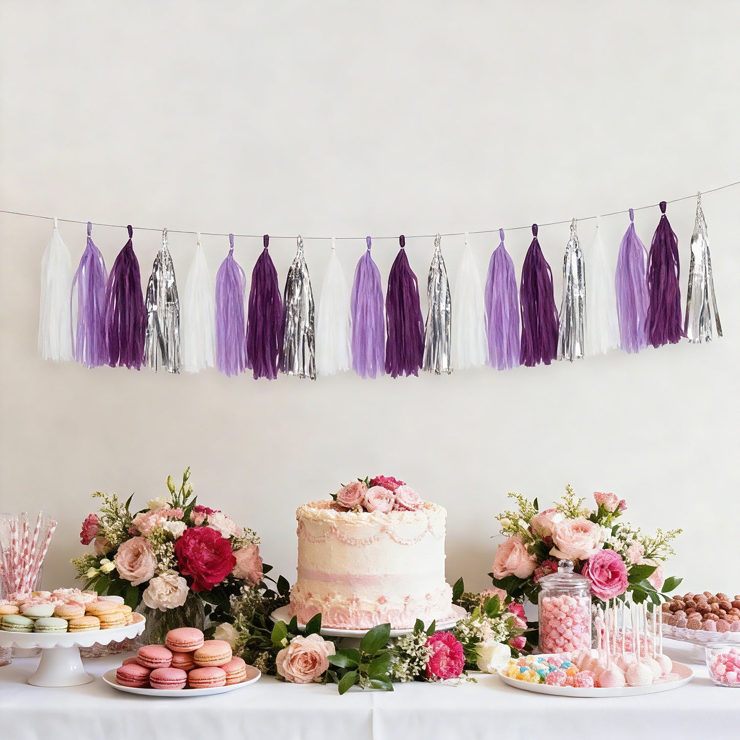 Purple and silver foil tassel garland banner decoration.