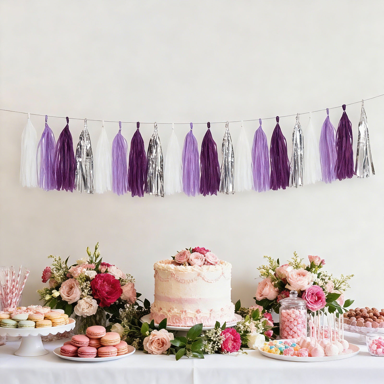 Purple and silver foil tassel garland banner decoration.