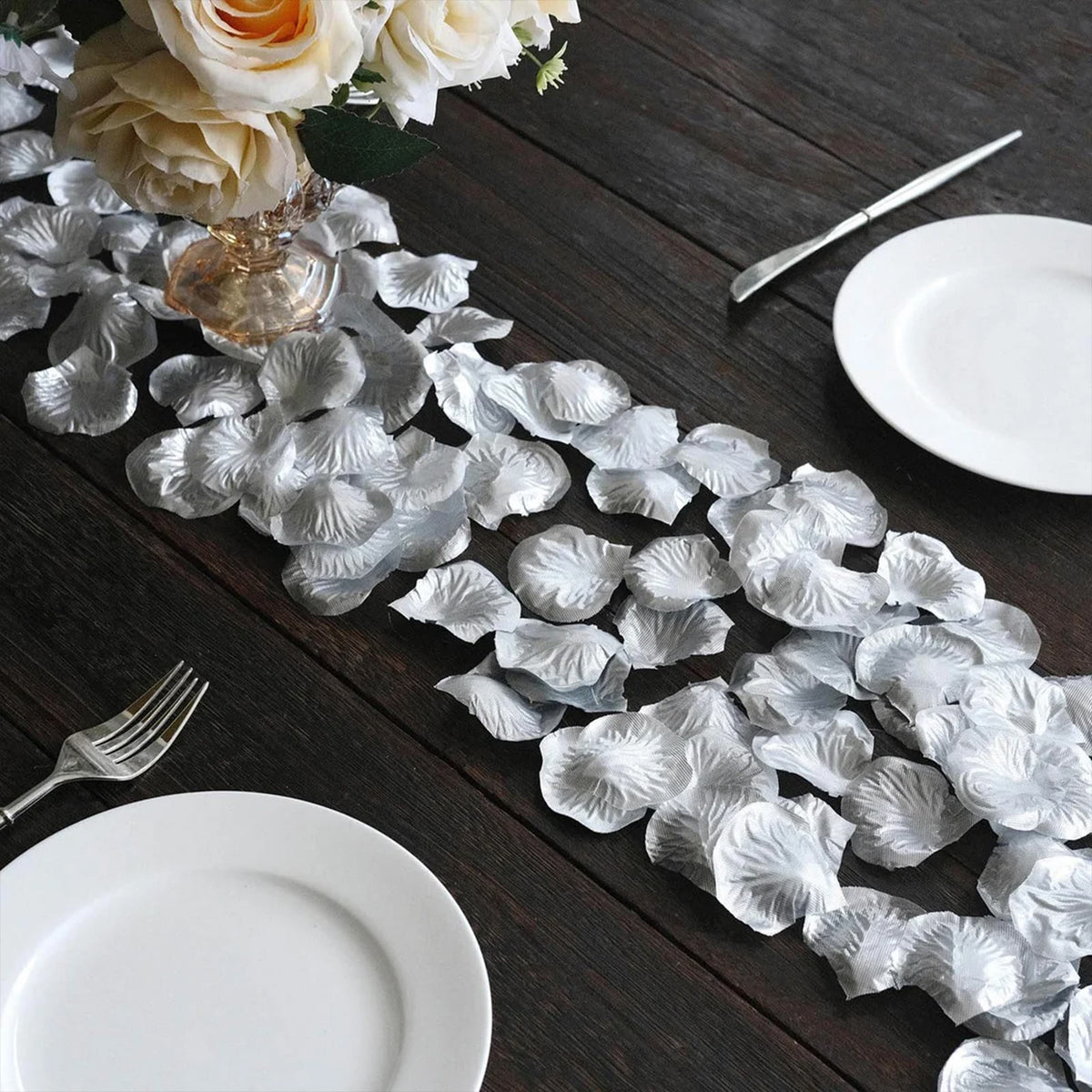 2000 Pack Silk Rose Petals Confetti, Silver – Round Decorative Scatters for Tables