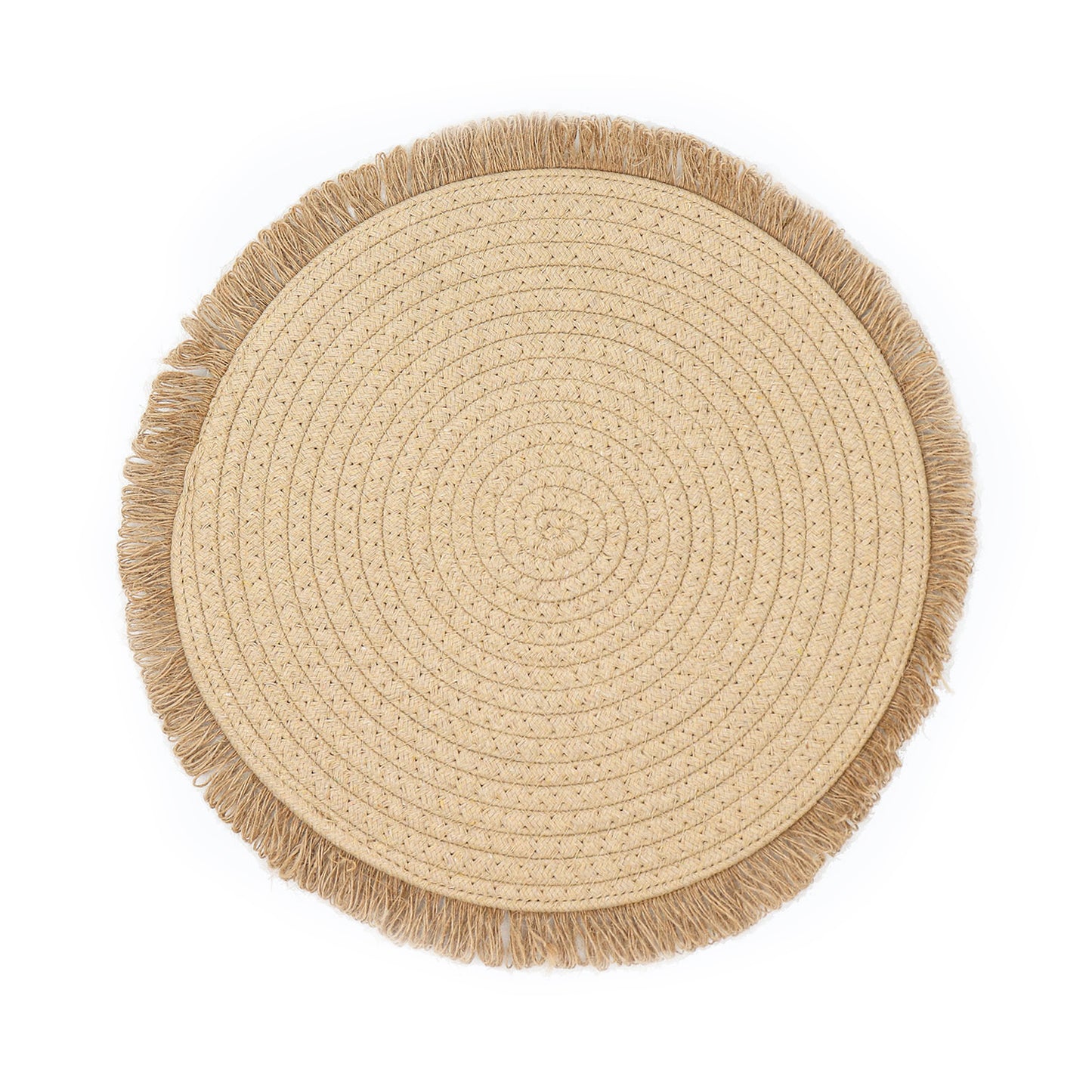 Natural burlap round placemat with fringed edges, farmhouse style.