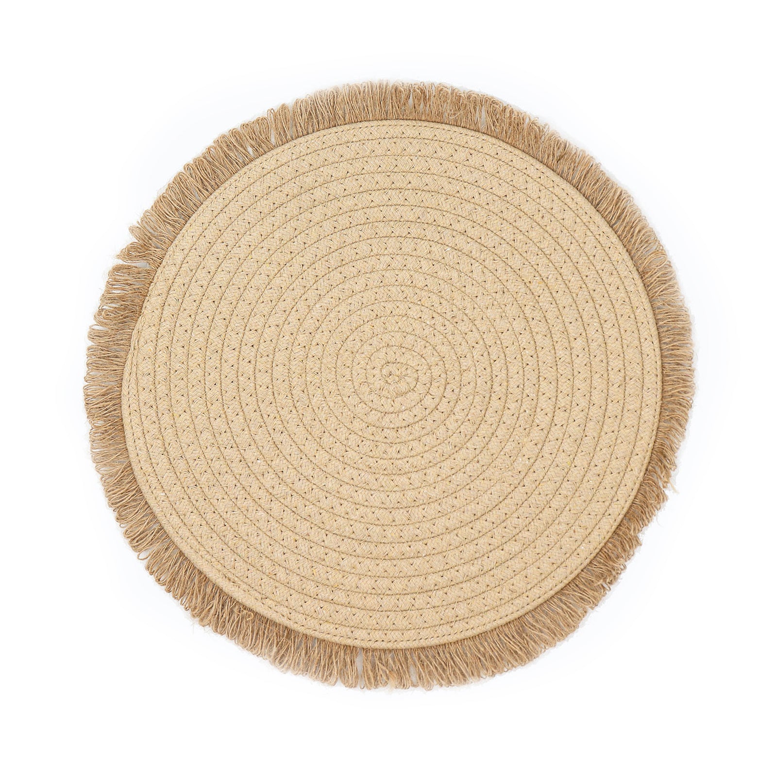 Natural burlap round placemat with fringed edges, farmhouse style.