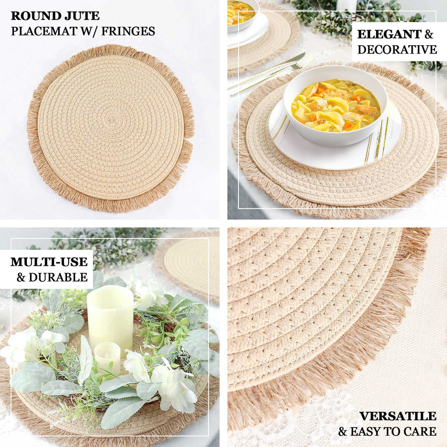 Natural burlap jute placemats with fringed edges, perfect for farmhouse decor.